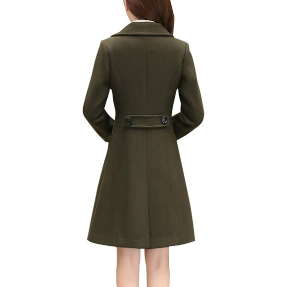 Women's Army Green Elegant Notched Collar Double Breasted Wool Blend Over Coat - Picture 2 of 5